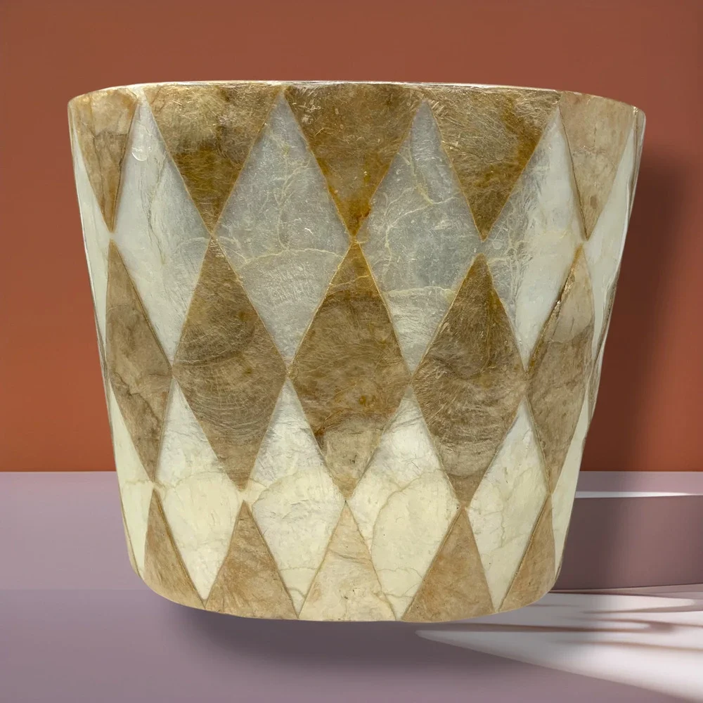 Natural Capiz Shell Harlequin Wastebasket Trash Can Coastal Organic Modern